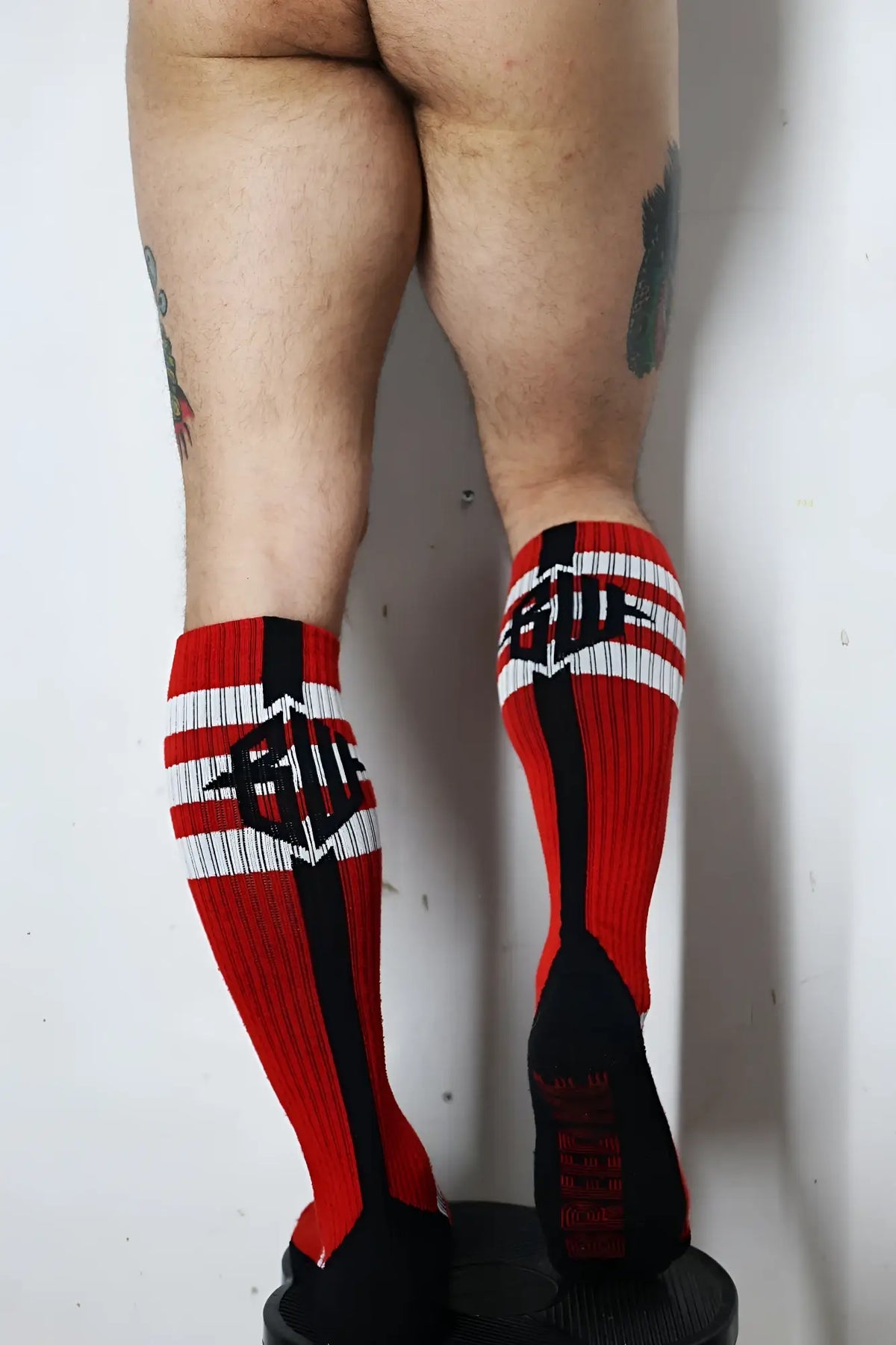 Retro remix socks red and black athletic socks with white stripes and bold logo design for sports and casual wear