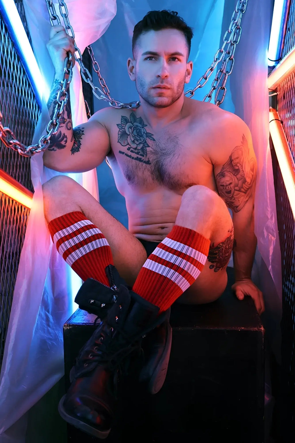 Red and white striped knee-high socks from retro remix featuring soft cotton blend for stylish comfortable wear