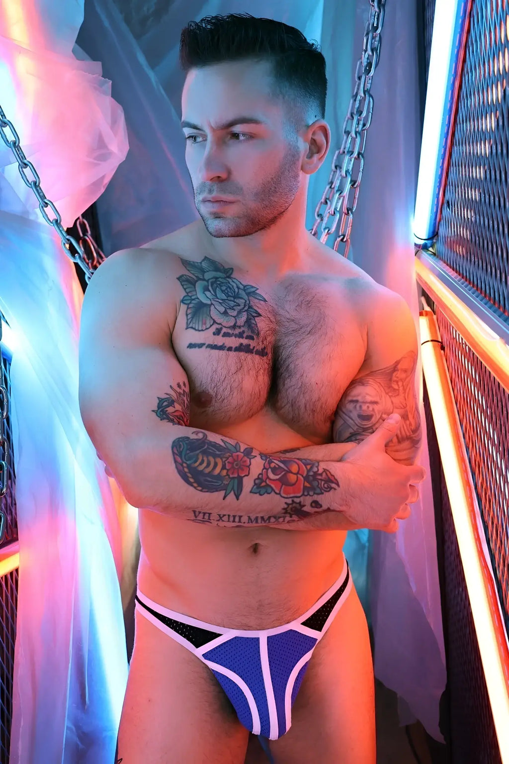 Retro remix thong blue and white mesh briefs with black trim front view showcasing breathable fabric and vibrant colors