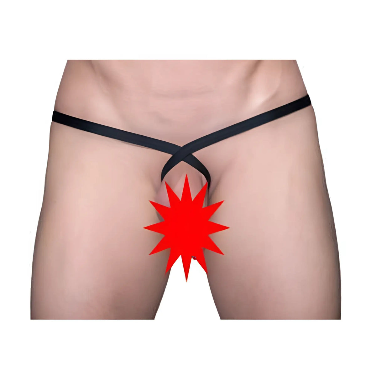 Black satin ring thong with crossed waistband design shown from the back in a thong and sock bundle
