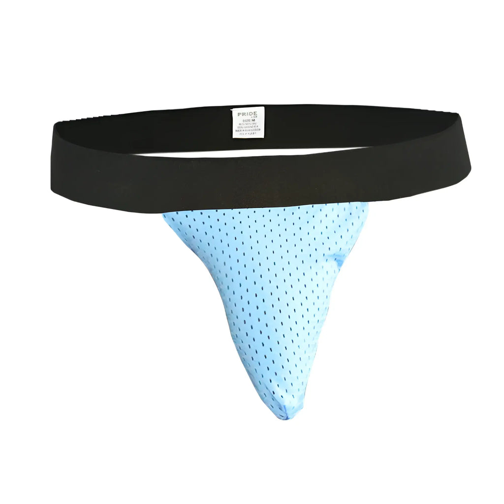 Light blue mesh athletic ring thong brief with black elastic waistband shown from the back in a sock bundle
