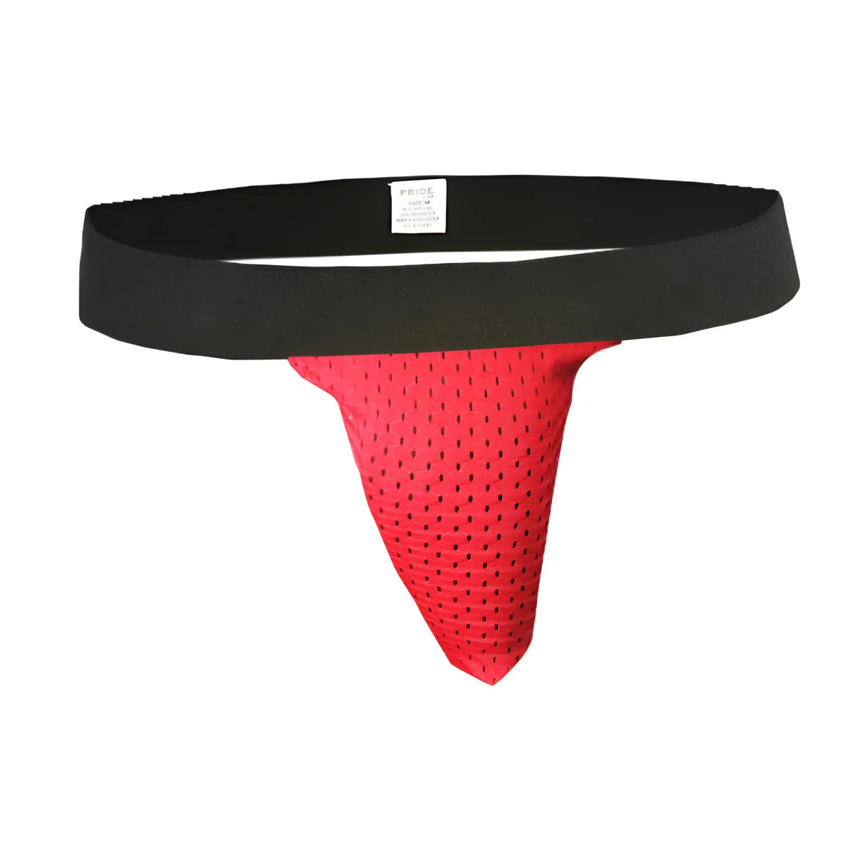 Red mesh ring thong with black elastic waistband athletic supporter shown from the back in athletic sock bundle