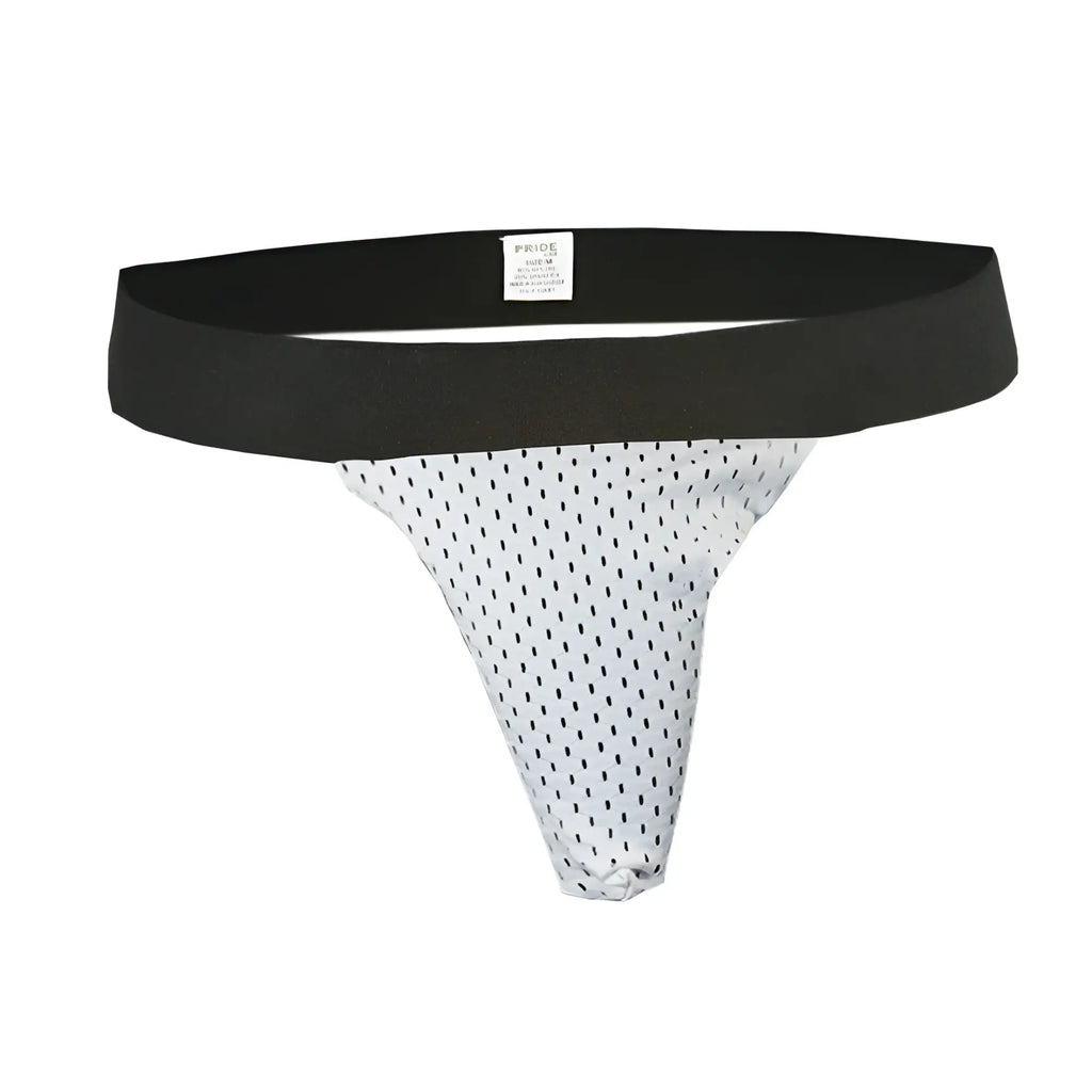 White mesh ring thong with black polka dots and solid black waistband shown from the back in sock bundle set