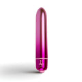 A sleek pink gradient metallic rocks off boudoir courtesan bullet vibrator with glossy finish and ornate b logo near base