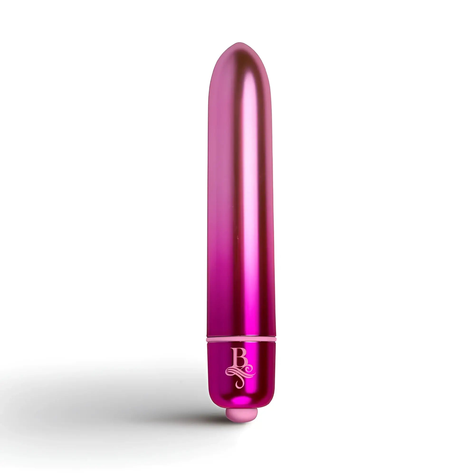 A sleek pink gradient metallic rocks off boudoir courtesan bullet vibrator with glossy finish and ornate b logo near base