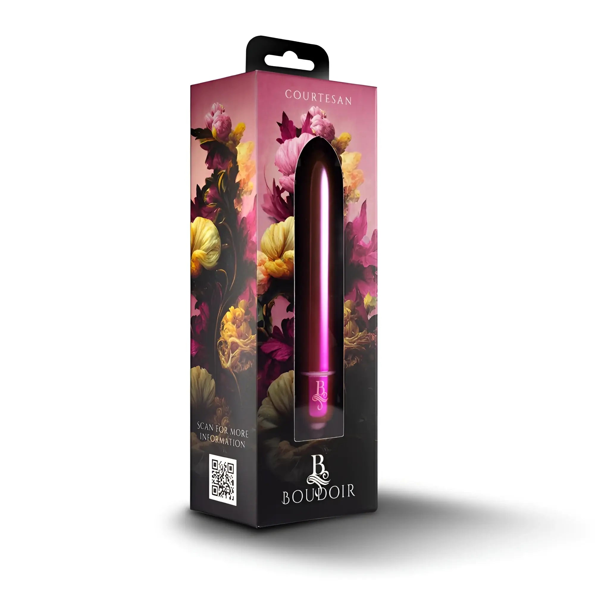 A sleek metallic magenta Rocks Off Boudoir Courtesan bullet vibrator in a floral branded box