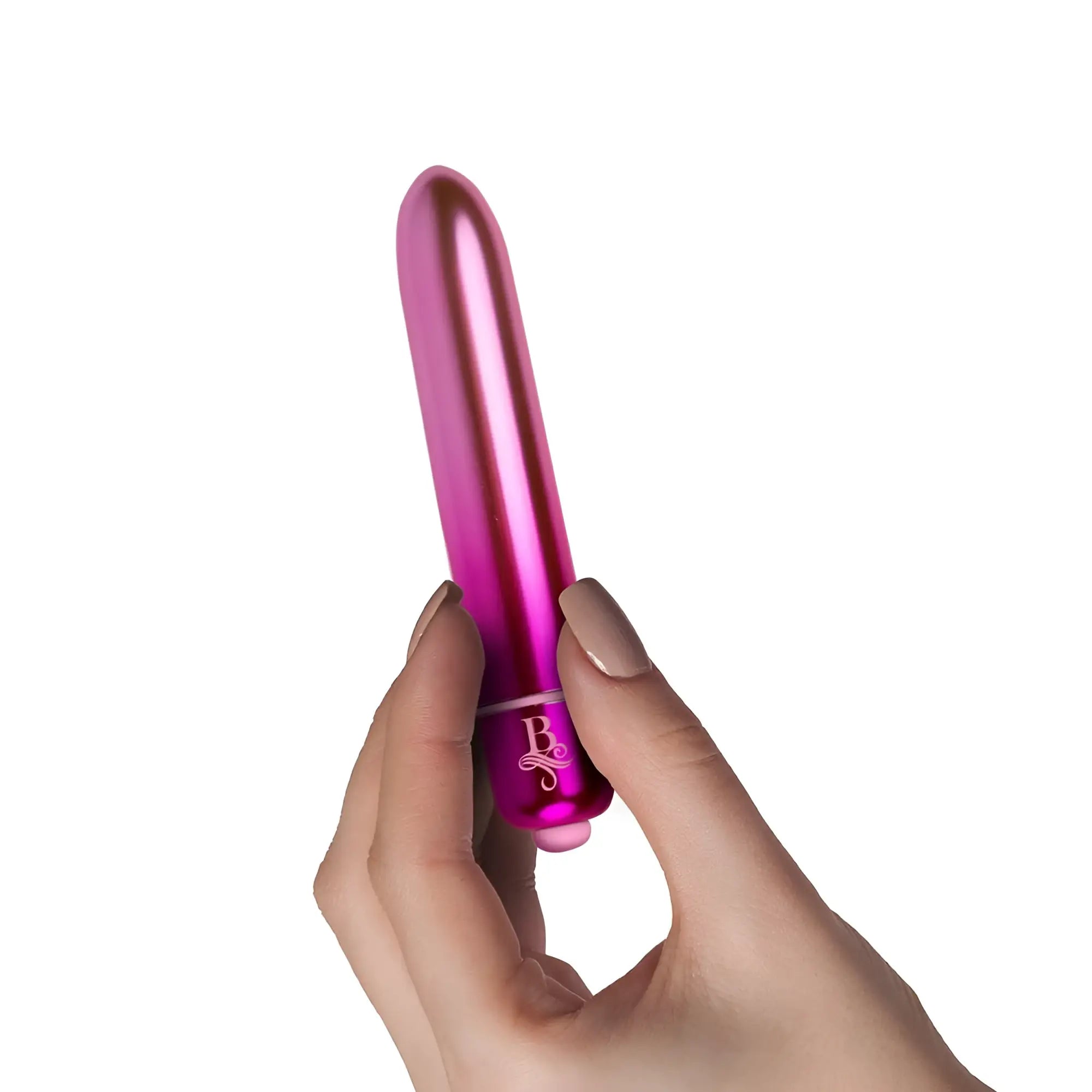 A sleek metallic pink cylindrical vibrator with a glossy finish and engraved logo rocks off boudoir courtesan bullet