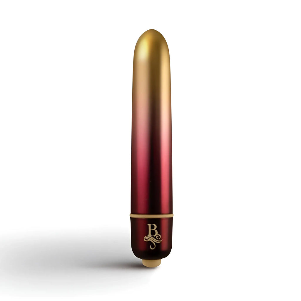 Rocks Off Boudoir Debutante bullet vibrator in gradient gold to red metallic with polished finish and elegant b logo