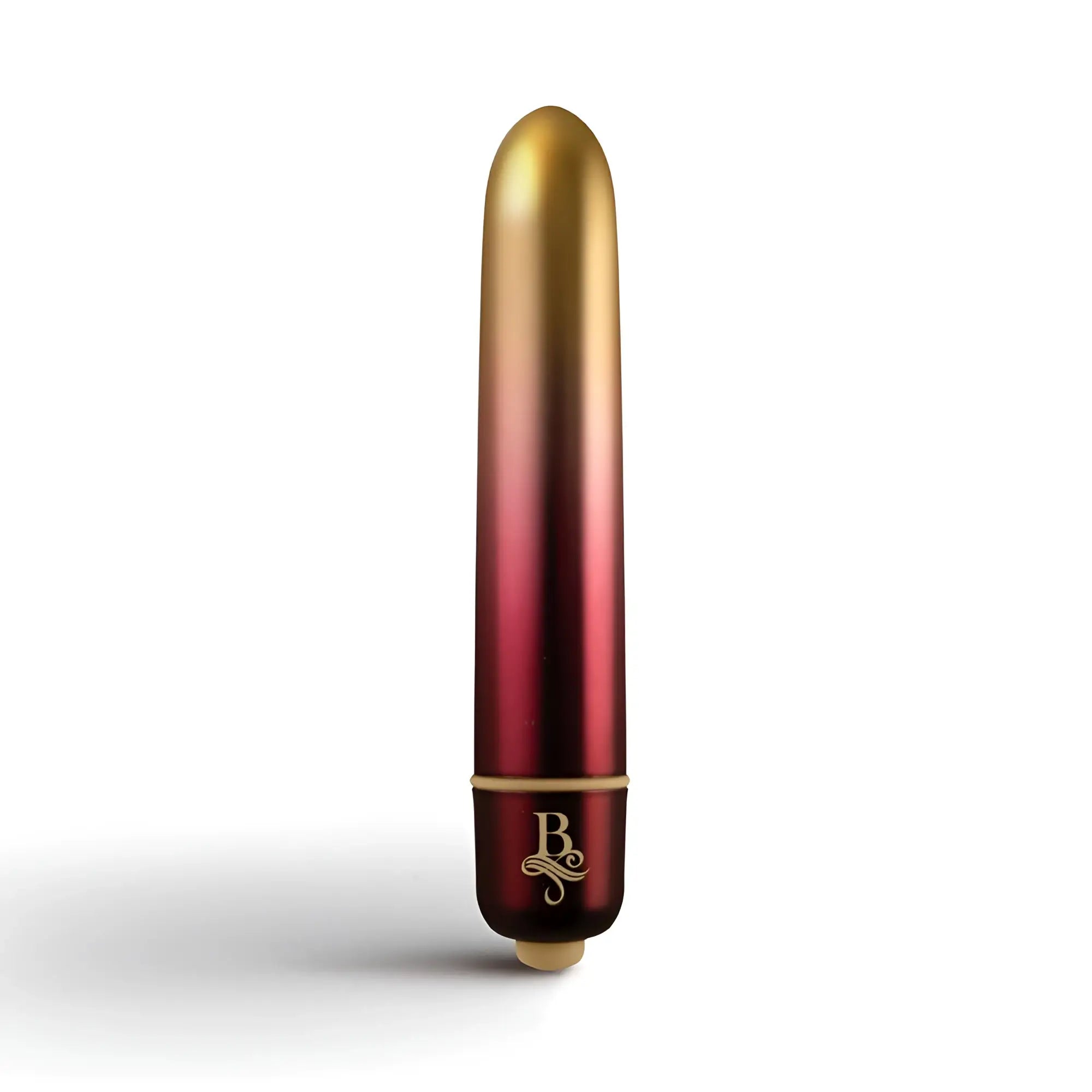 Rocks Off Boudoir Debutante bullet vibrator in gradient gold to red metallic with polished finish and elegant b logo