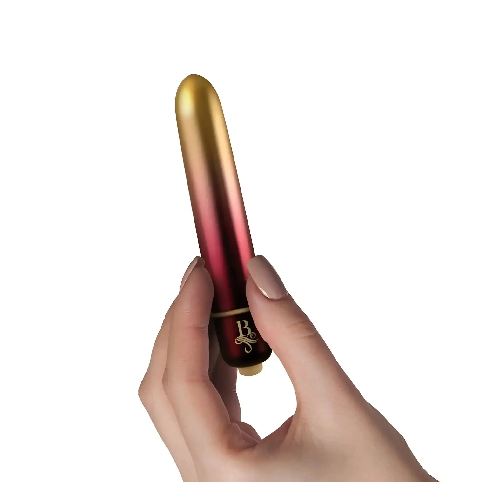 A sleek rocks off boudoir debutante bullet vibrator with gradient gold to red glossy finish and elegant b logo on base