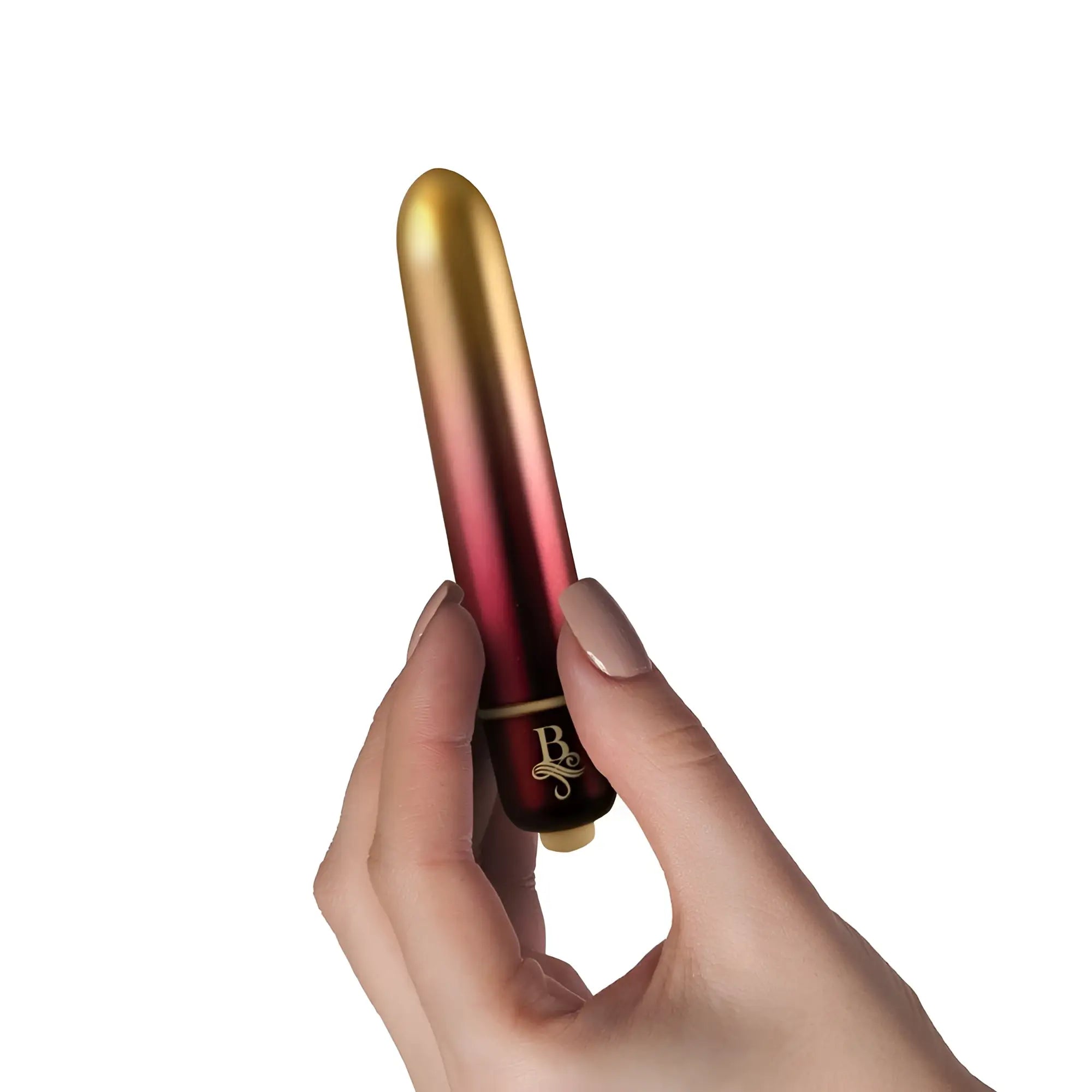 A sleek rocks off boudoir debutante bullet vibrator with gradient gold to red glossy finish and elegant b logo on base