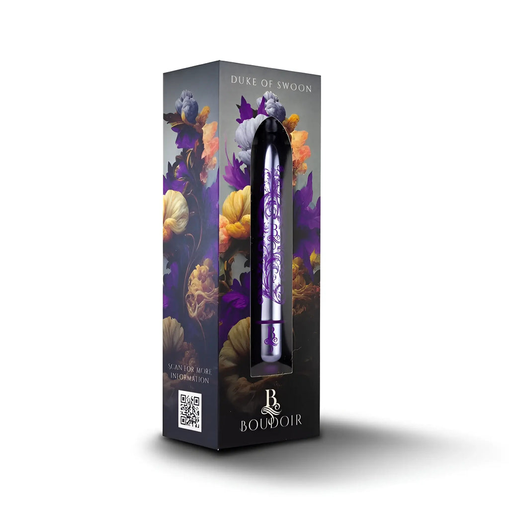 Purple and silver ornate pleasure device rocks off boudoir duke of swoon bullet in sleek packaging