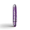 A sleek metallic purple vibrator bullet with ornate floral engravings and matching rocks off boudoir logo