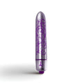 A sleek metallic purple vibrator bullet with ornate floral engravings and matching rocks off boudoir logo