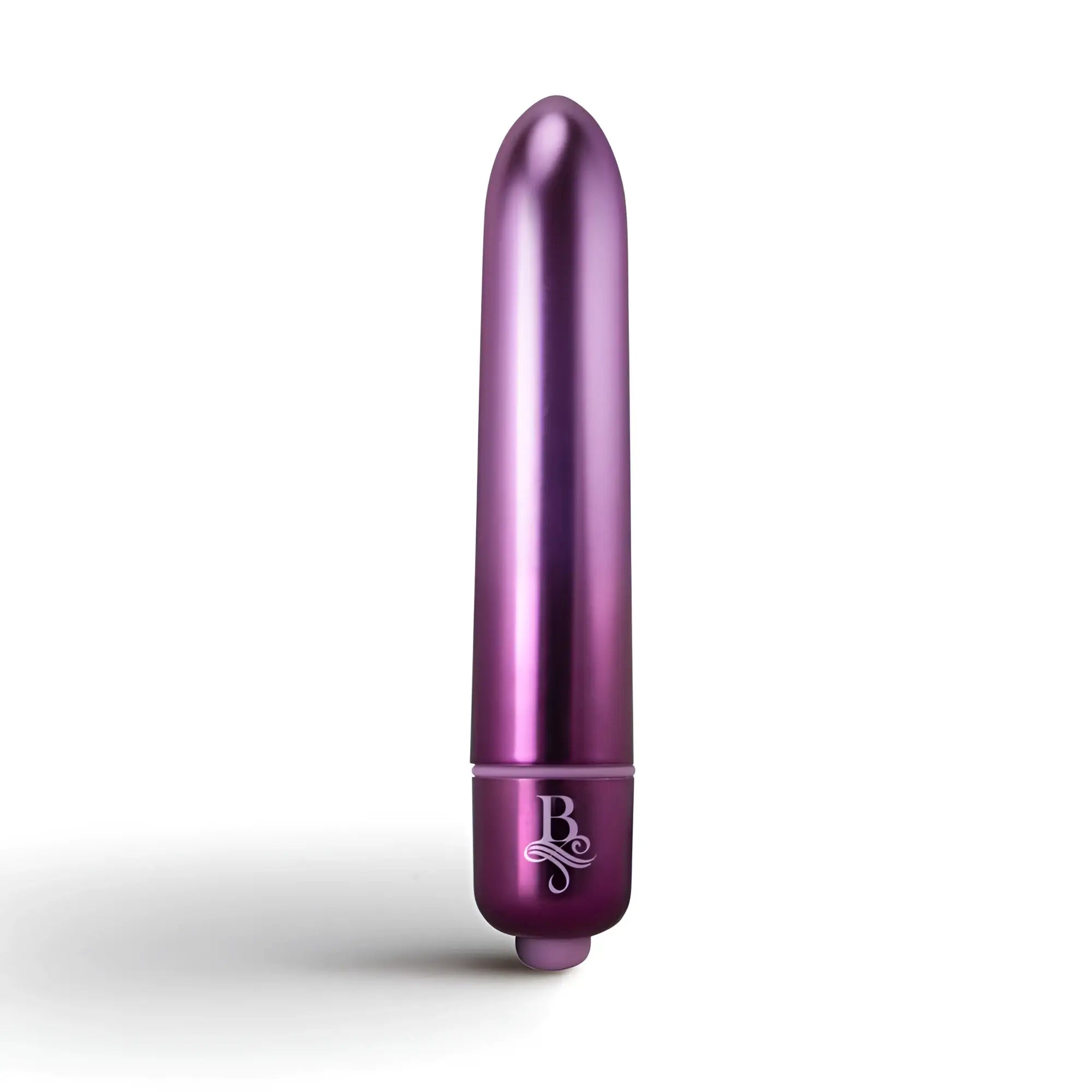 Purple metallic Rocks Off Boudoir Parlour Prince bullet vibrator with sleek smooth finish and engraved logo near base
