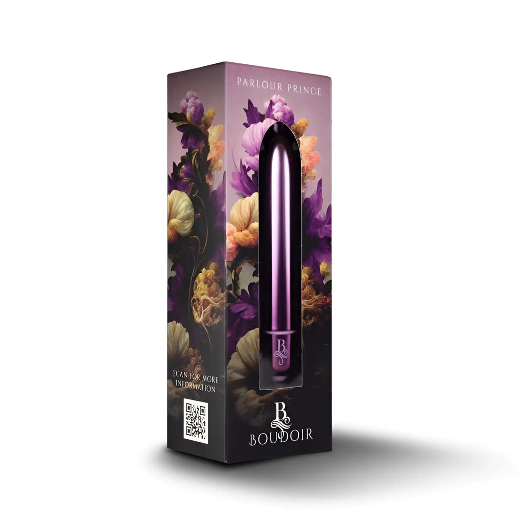 Purple metallic parlor prince vibrator in branded packaging by Rocks Off for discreet personal pleasure use