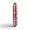 Rose gold cylindrical vibrator rocks off boudoir promenade bullet with intricate burgundy floral and heart design and branded logo