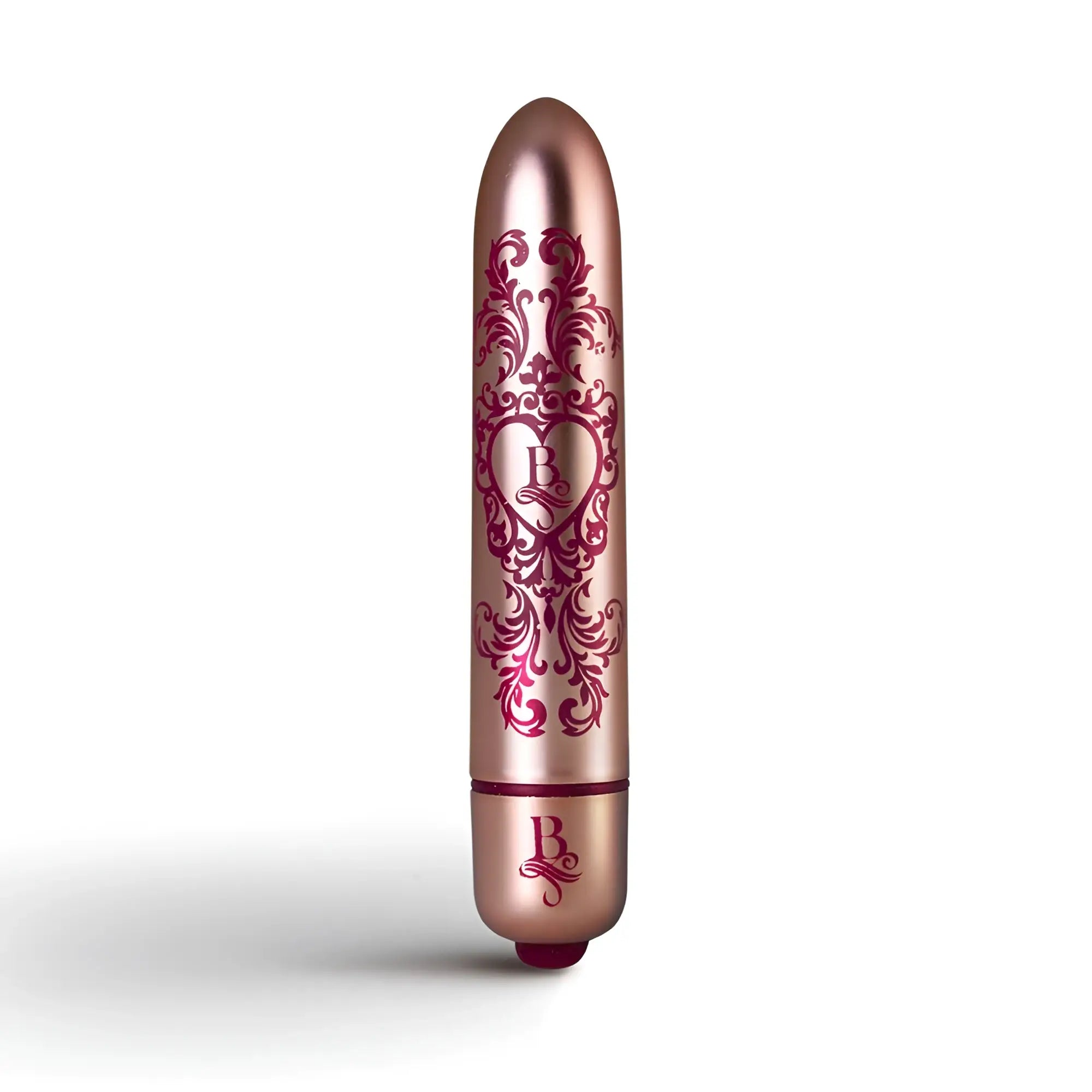 Rose gold cylindrical vibrator rocks off boudoir promenade bullet with intricate burgundy floral and heart design and branded logo