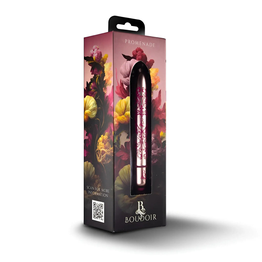 Rocks Off Boudoir promenade bullet vibrator in rose gold with floral design and smooth metallic finish