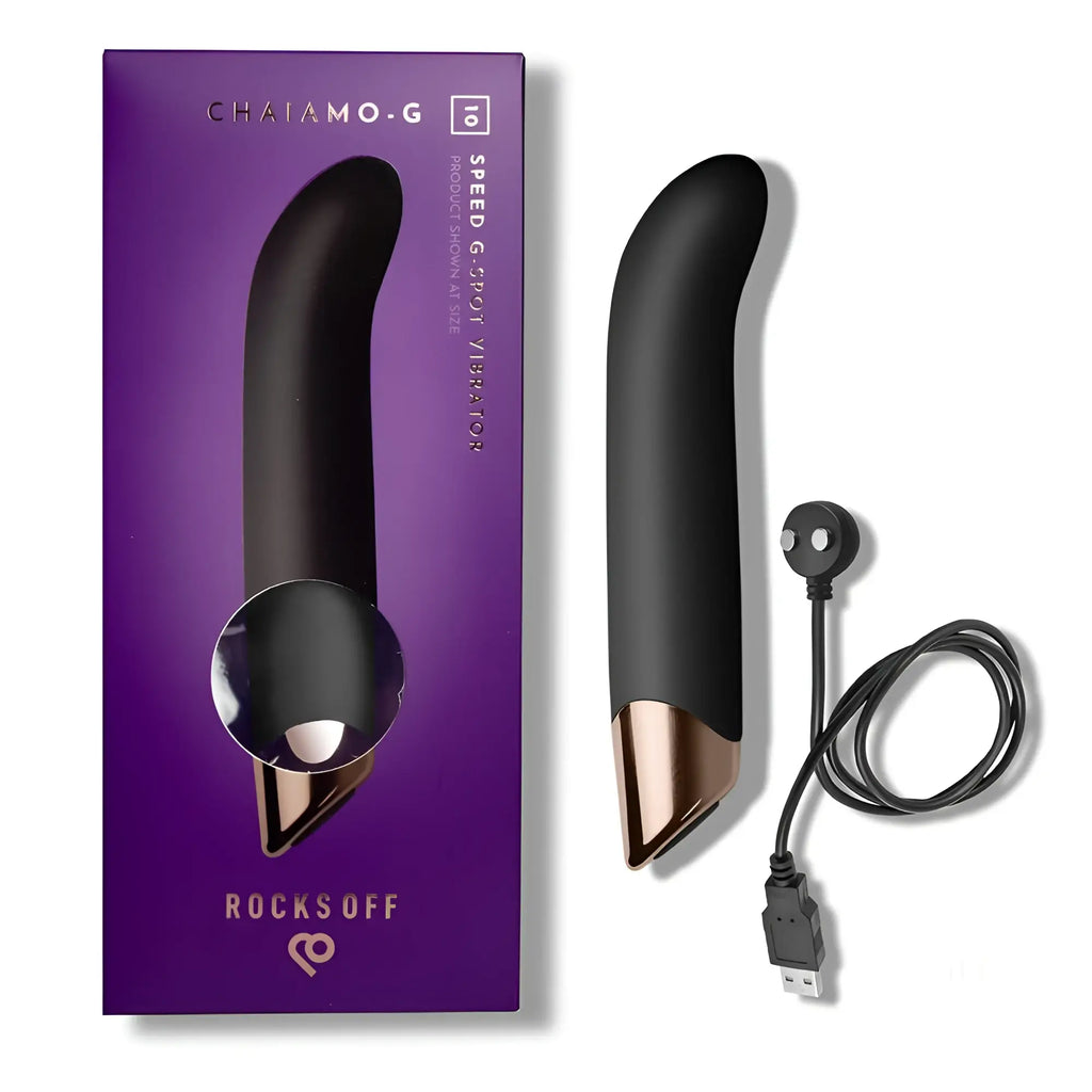 Rocks off chaiamo g black speed g sport vibration wand in black and rose gold with usb charging cable