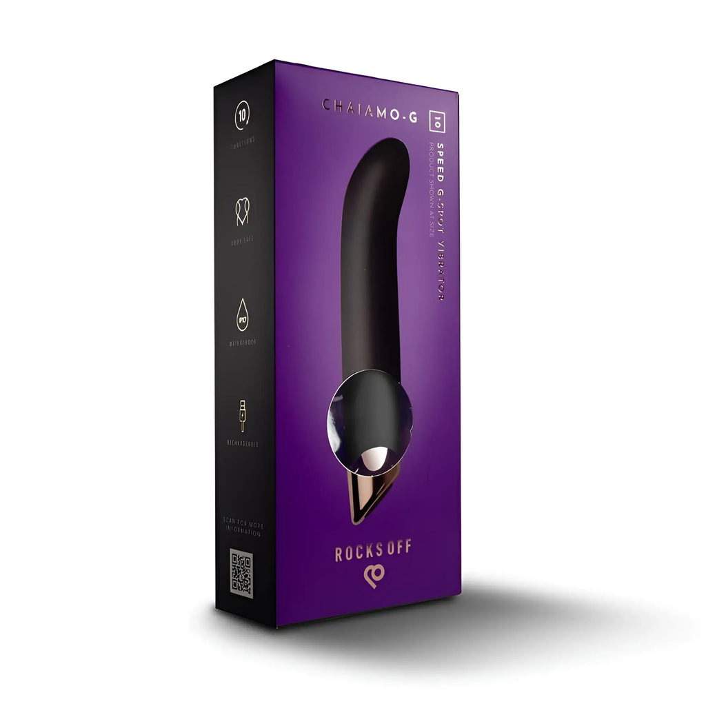 Rocks off chaiamo g black black and rose gold speed stimulator displayed in a purple box for personal use