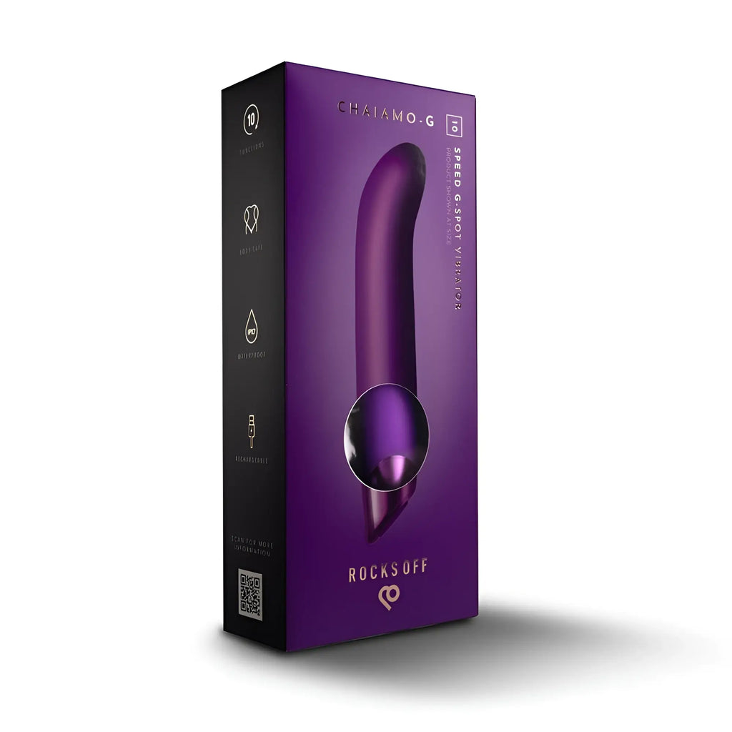 Rocks off chaiamo g purple is a sleek purple chalamo g spot vibrator with glossy material and metallic accent