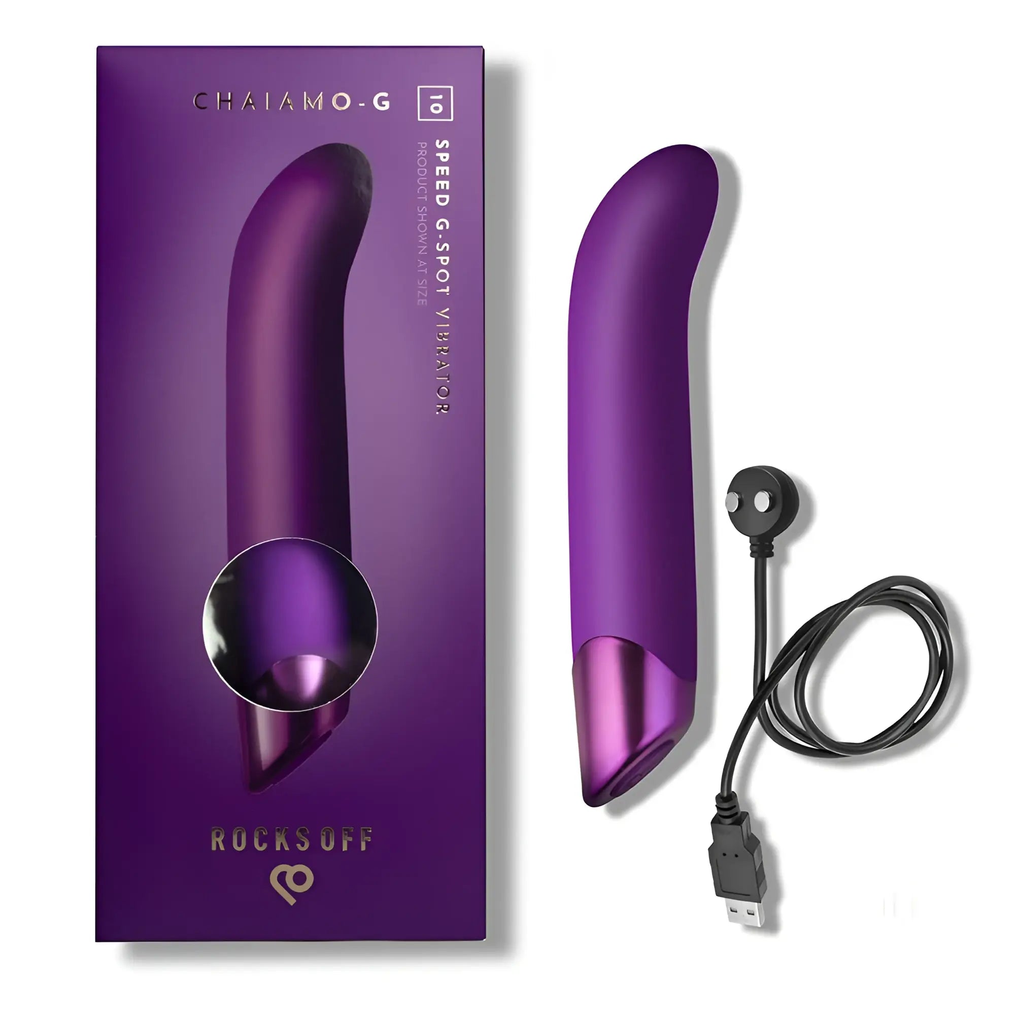Purple chaiamo g speed g spot vibrator with sleek curved design and metallic finish from rocks off chaiamo g purple