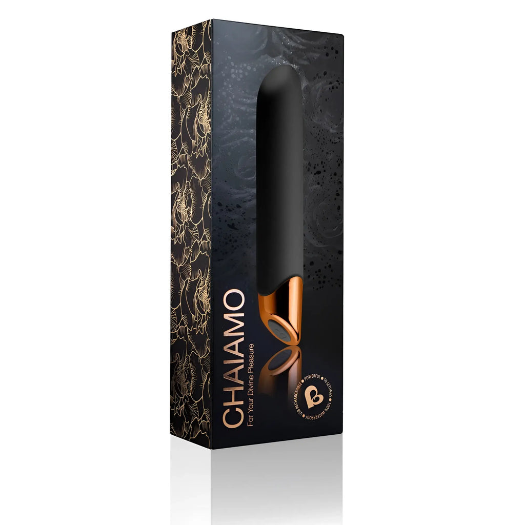 Rocks Off Chaiamo rechargeable black pleasure device in black and rose gold with sleek modern packaging