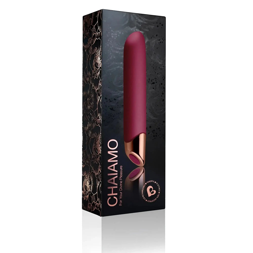 A sleek maroon and rose gold rechargeable chiamo pleasure device with a smooth tapered design by Rocks Off