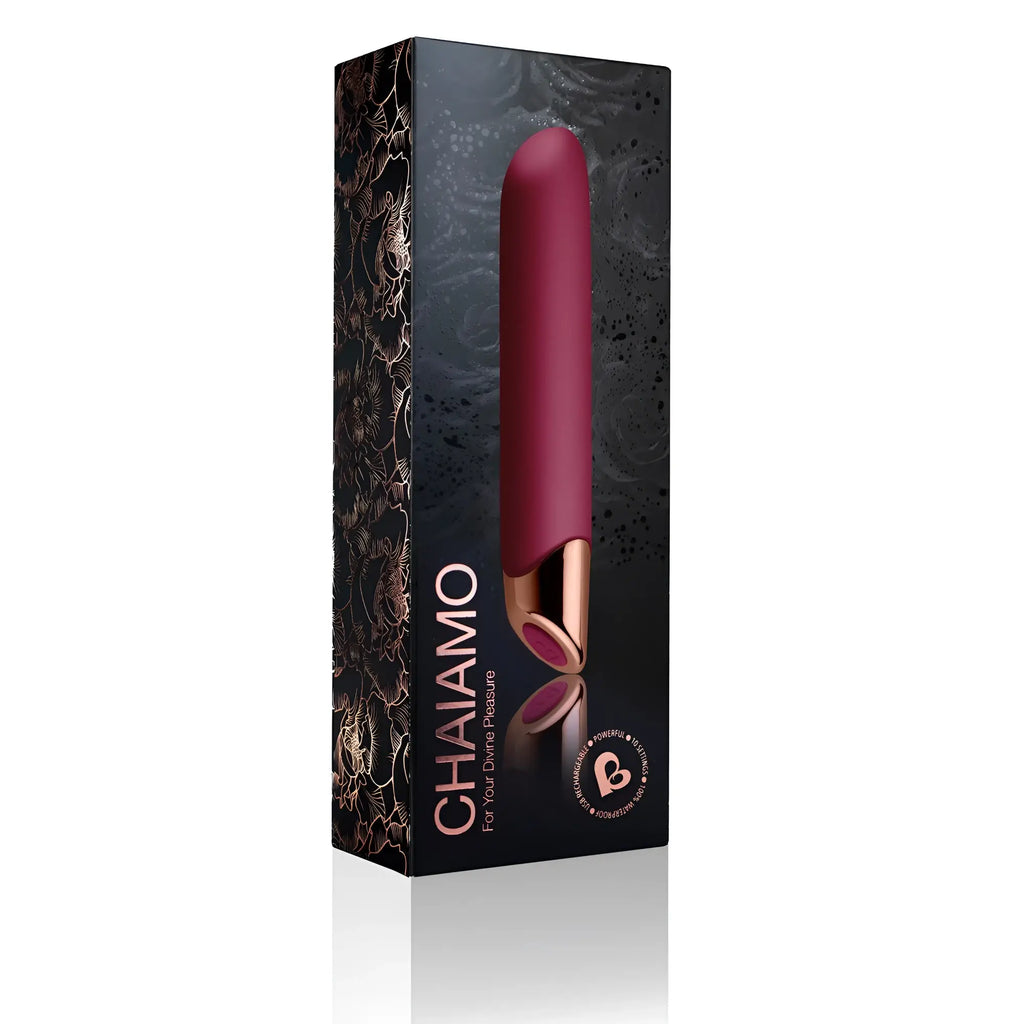 A sleek maroon and rose gold rechargeable chiamo pleasure device with a smooth tapered design by Rocks Off