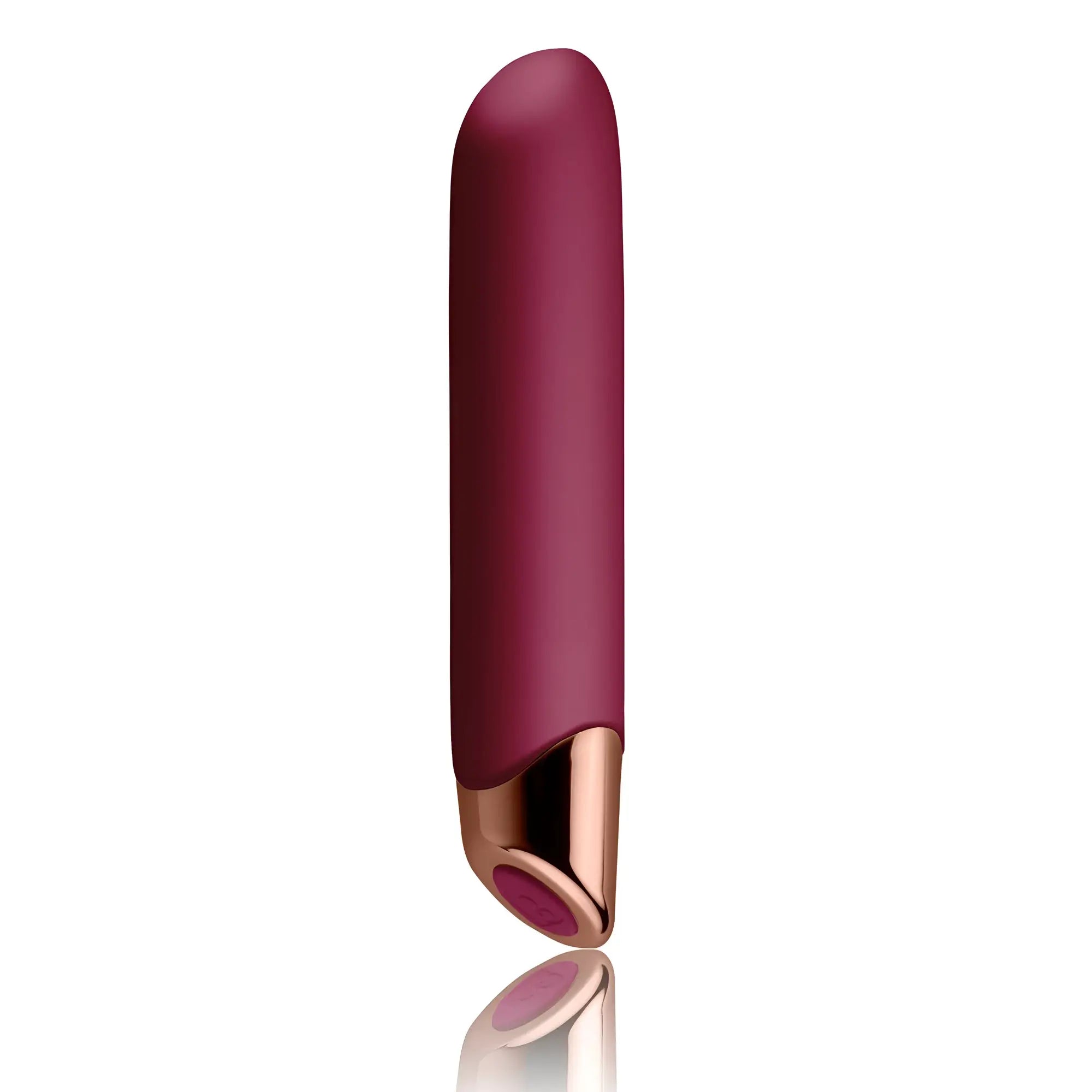 A sleek matte burgundy rechargeable Rocks Off Chaiamo adult toy with a rose gold metallic tip and button