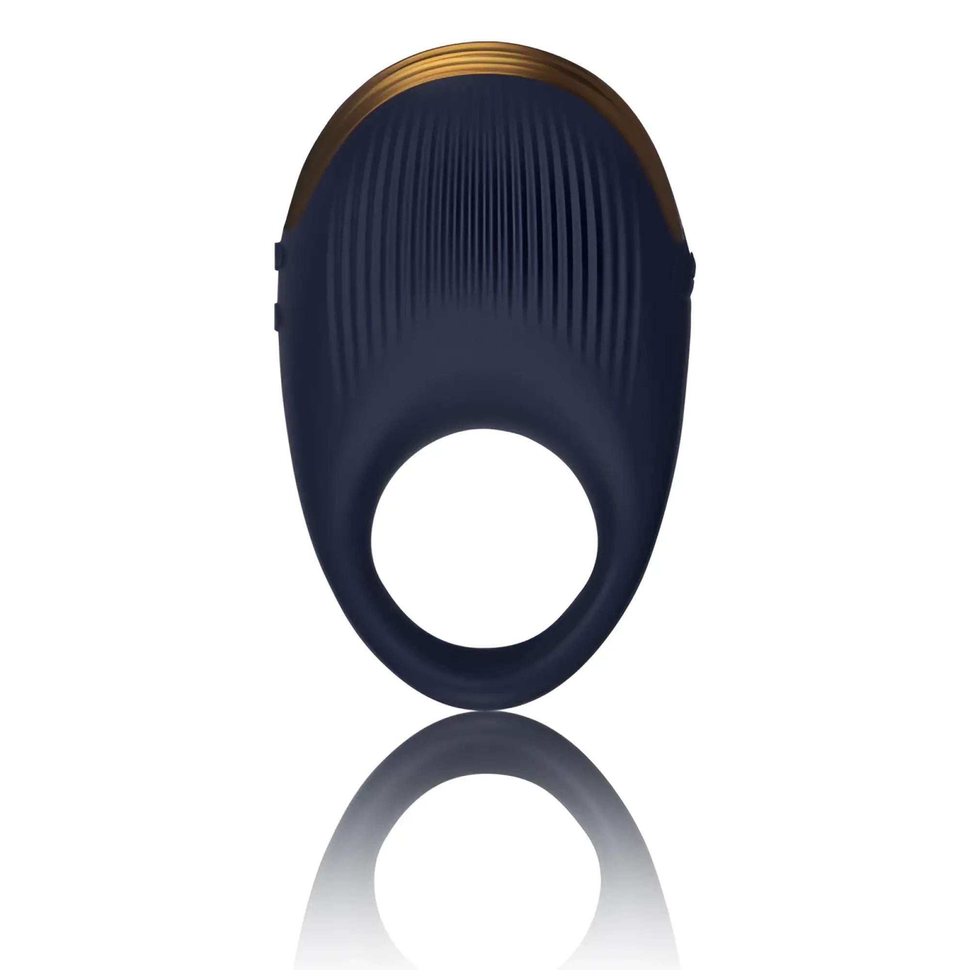 Navy blue silicone vibrating cock ring with gold metallic trim and vertical ridges rocks off climaximum