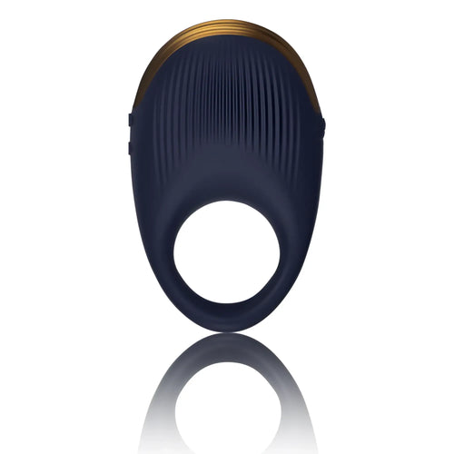 Navy blue silicone vibrating cock ring with gold metallic trim and vertical ridges rocks off climaximum