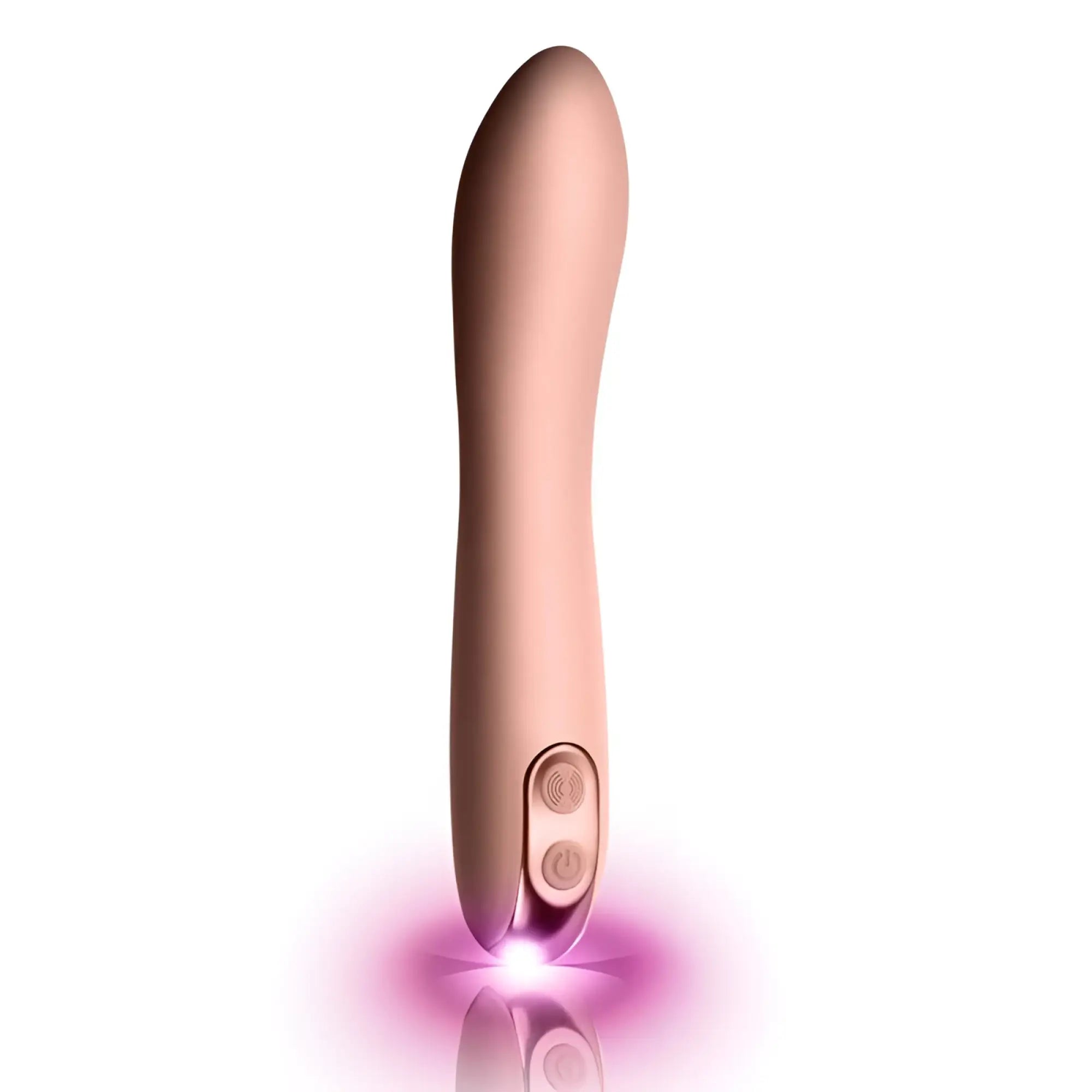 Rose gold-colored sleek silicone rocks off giamo vibrator baby pink with two control buttons glowing purple at base