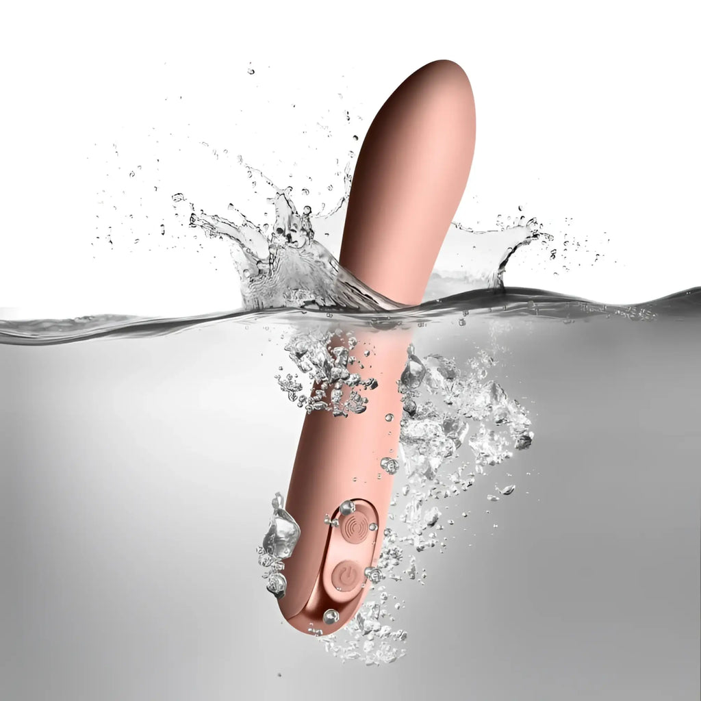 Rose gold rocks off giamo vibrator baby pink with sleek smooth texture rounded tip and handle control buttons