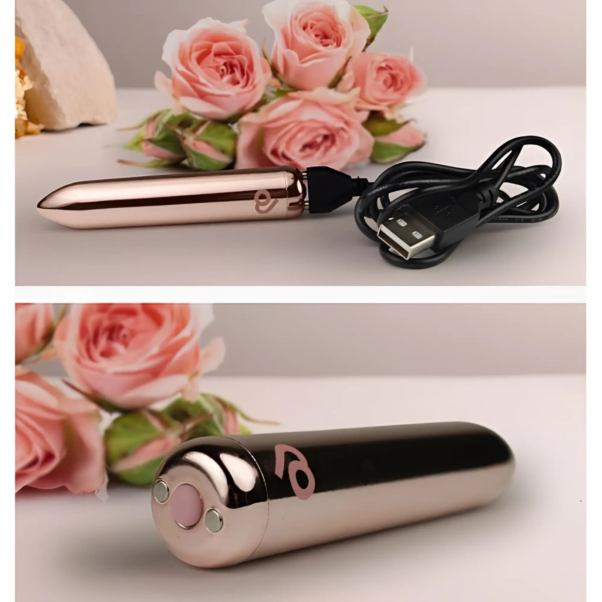 Rose gold metallic cylindrical rocks off golden rose rechargeable bullet vibrator with black usb charging cable and pink button