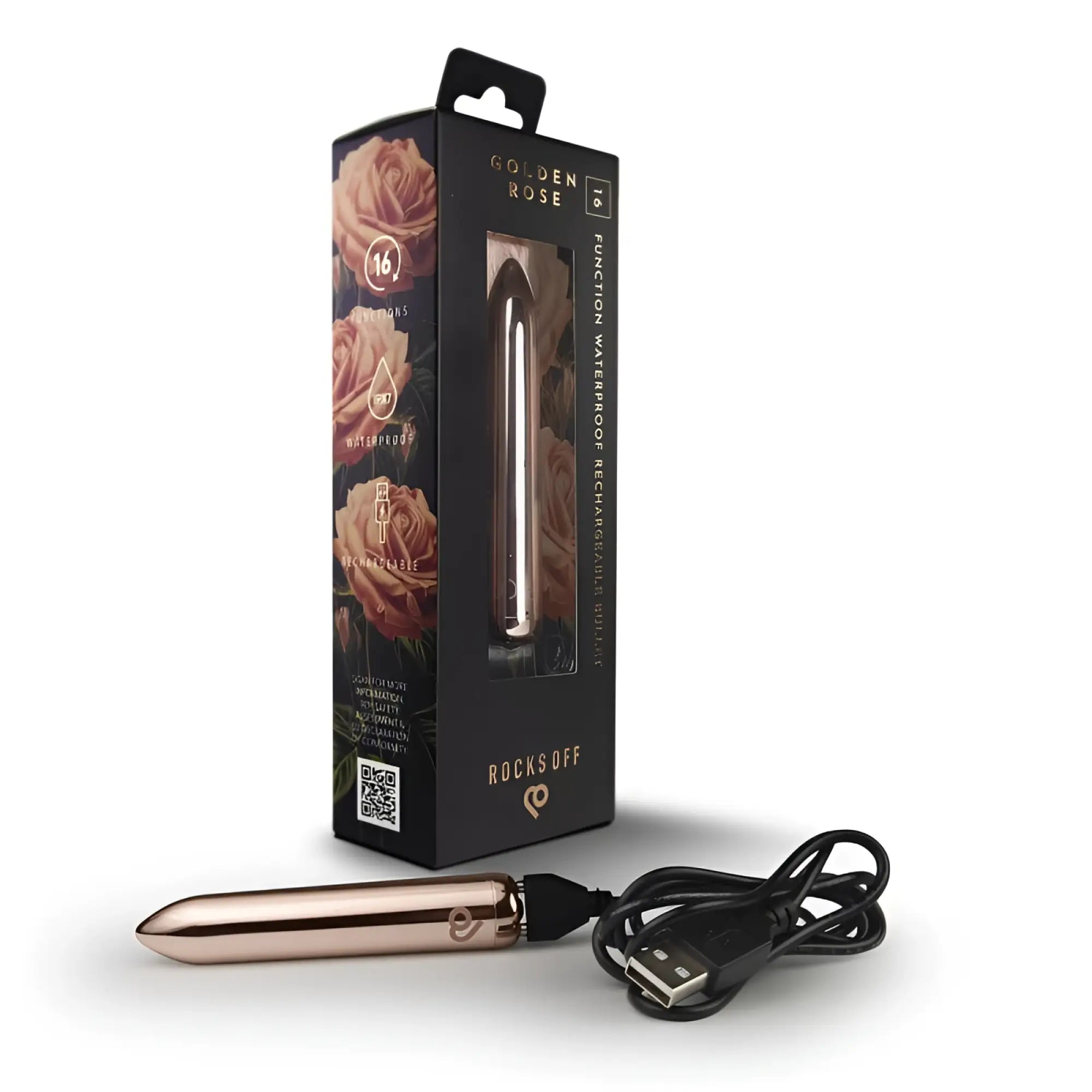Rose gold metallic cylindrical vibrator with sleek smooth surface and rounded tip rocks off golden rose rechargeable bullet