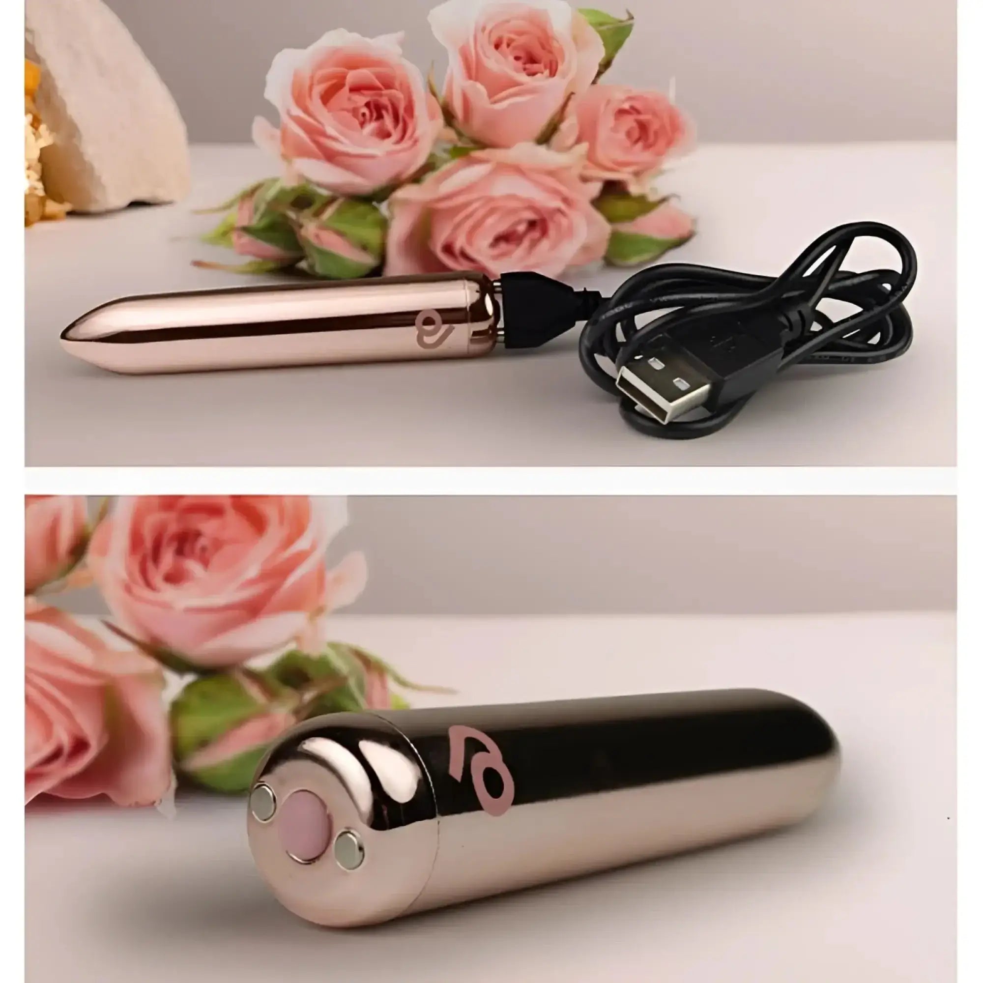Rose gold metallic cylindrical rocks off golden rose rechargeable bullet vibrator with black usb charging cable.
