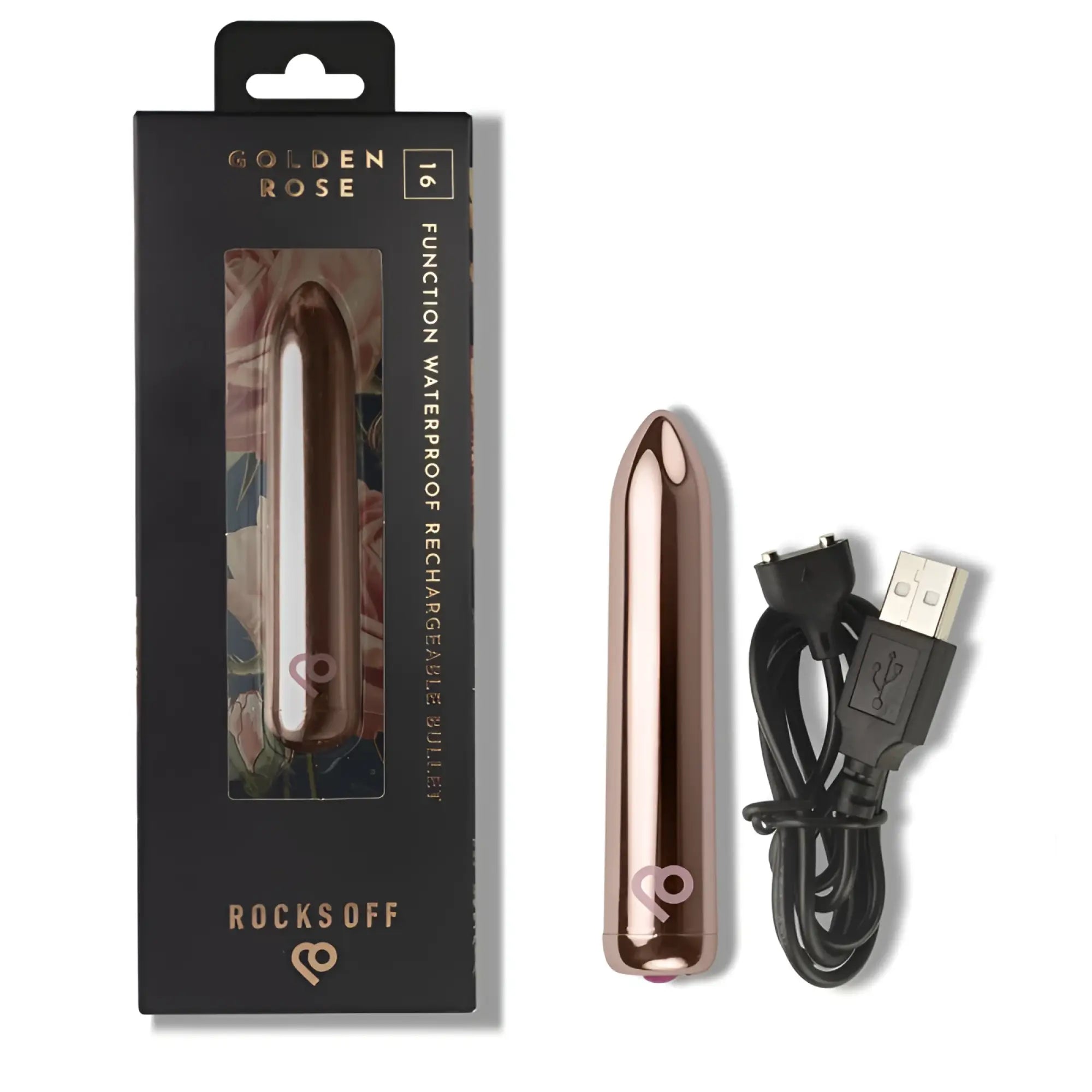 Rose gold metallic cylindrical vibrator with sleek smooth surface and rounded tip rocks off golden rose rechargeable bullet