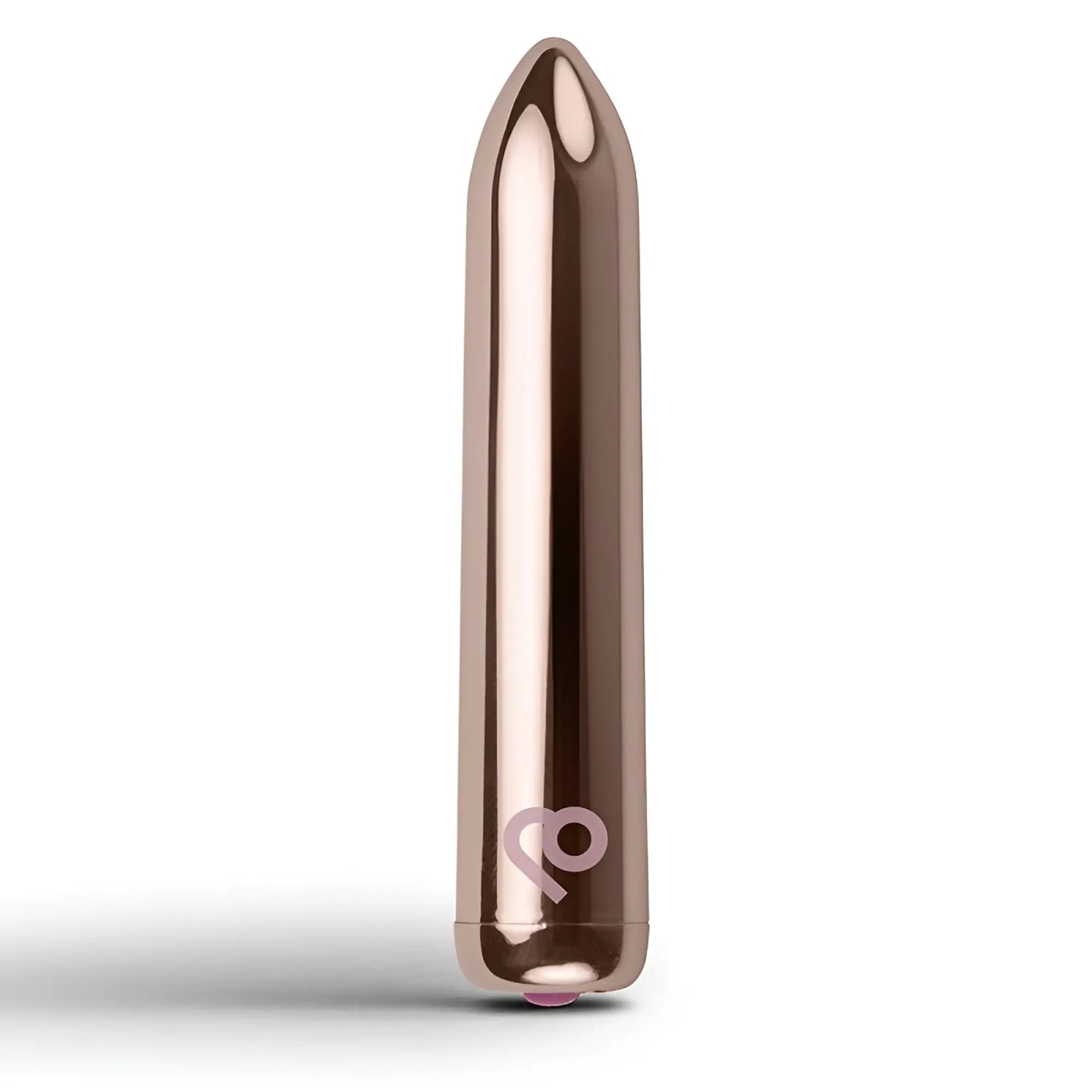 Rose gold metallic rechargeable bullet vibrator with sleek smooth surface and subtle logo near the base by Rocks Off