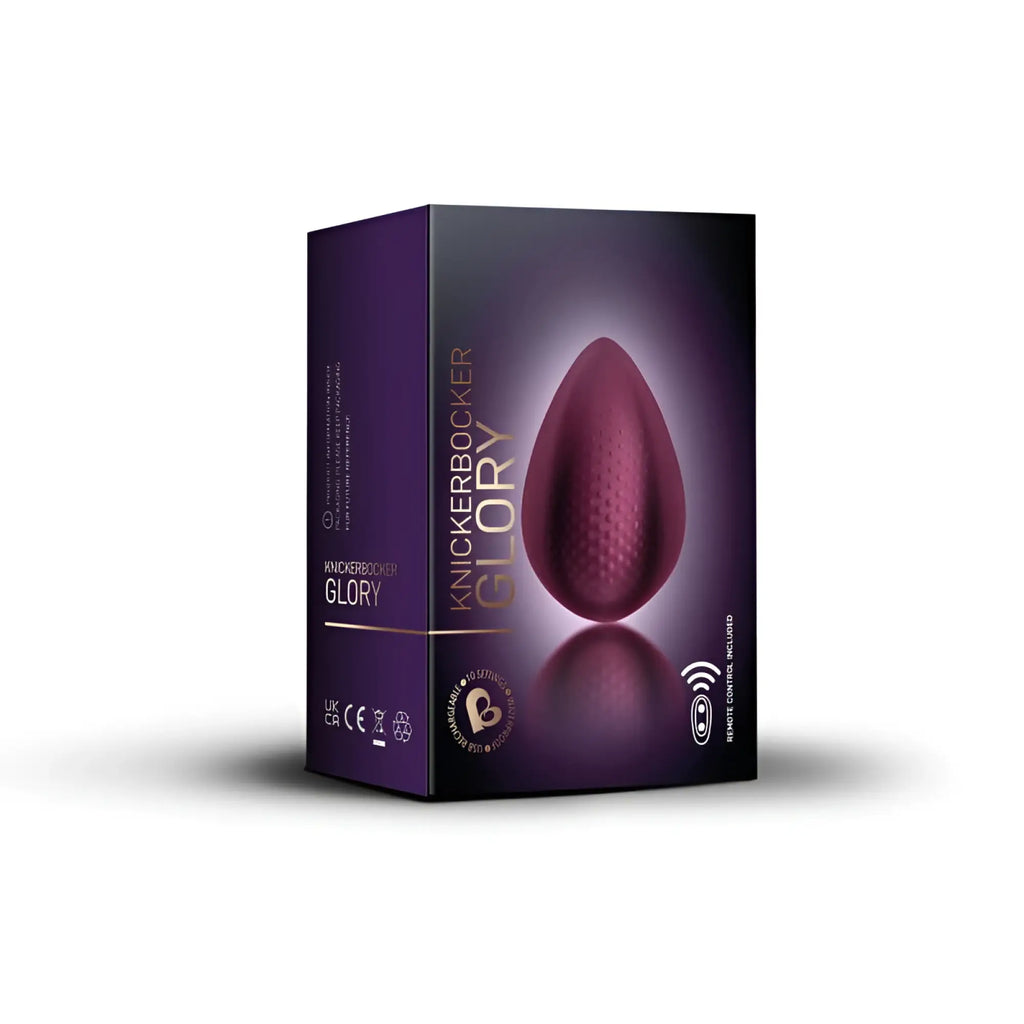 Purple Rocks Off knickerbocker glory egg-shaped vibrator in glossy packaging with remote control included