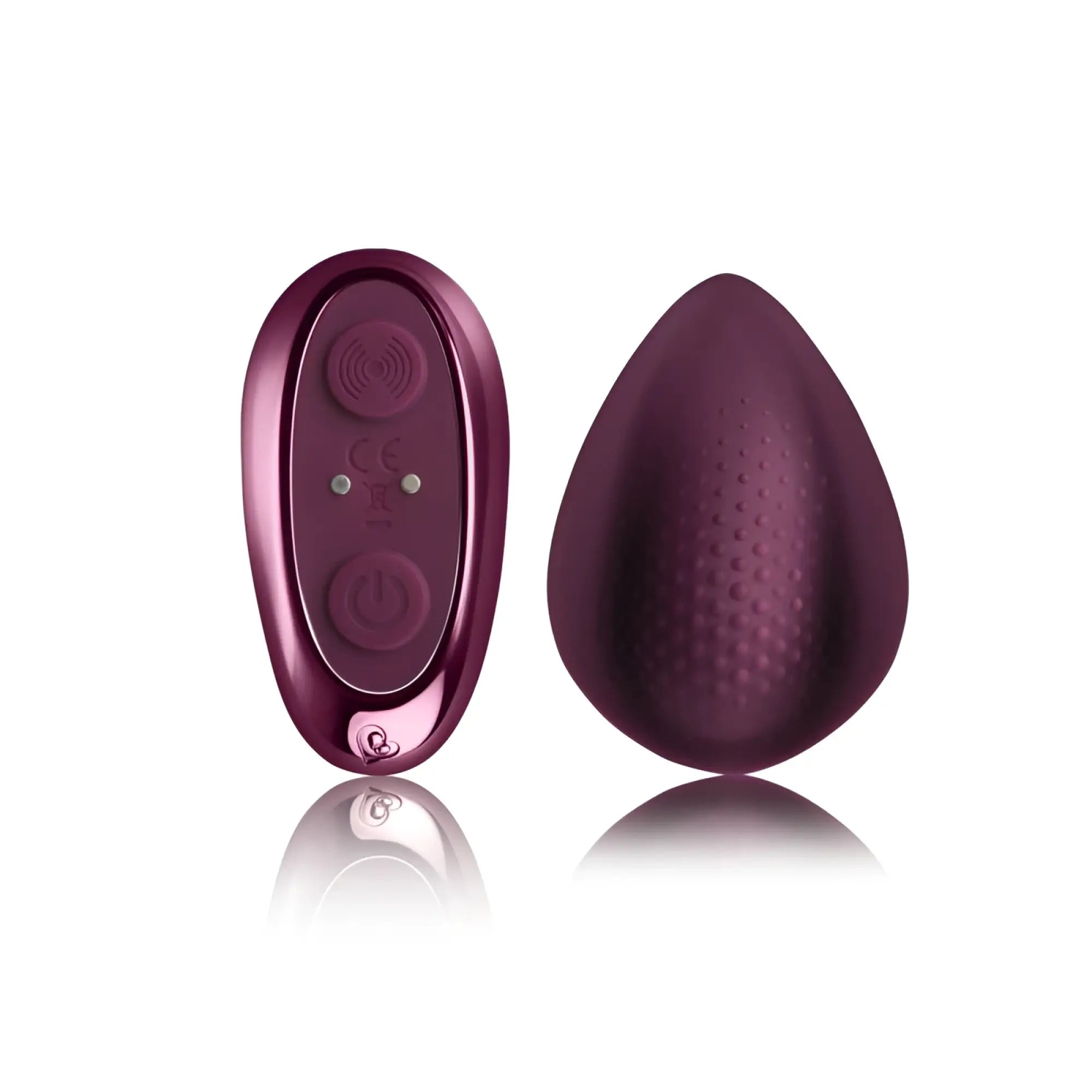 Purple teardrop-shaped rocks off knickerbocker glory panty vibe vibrator with textured surface and sleek metallic finish