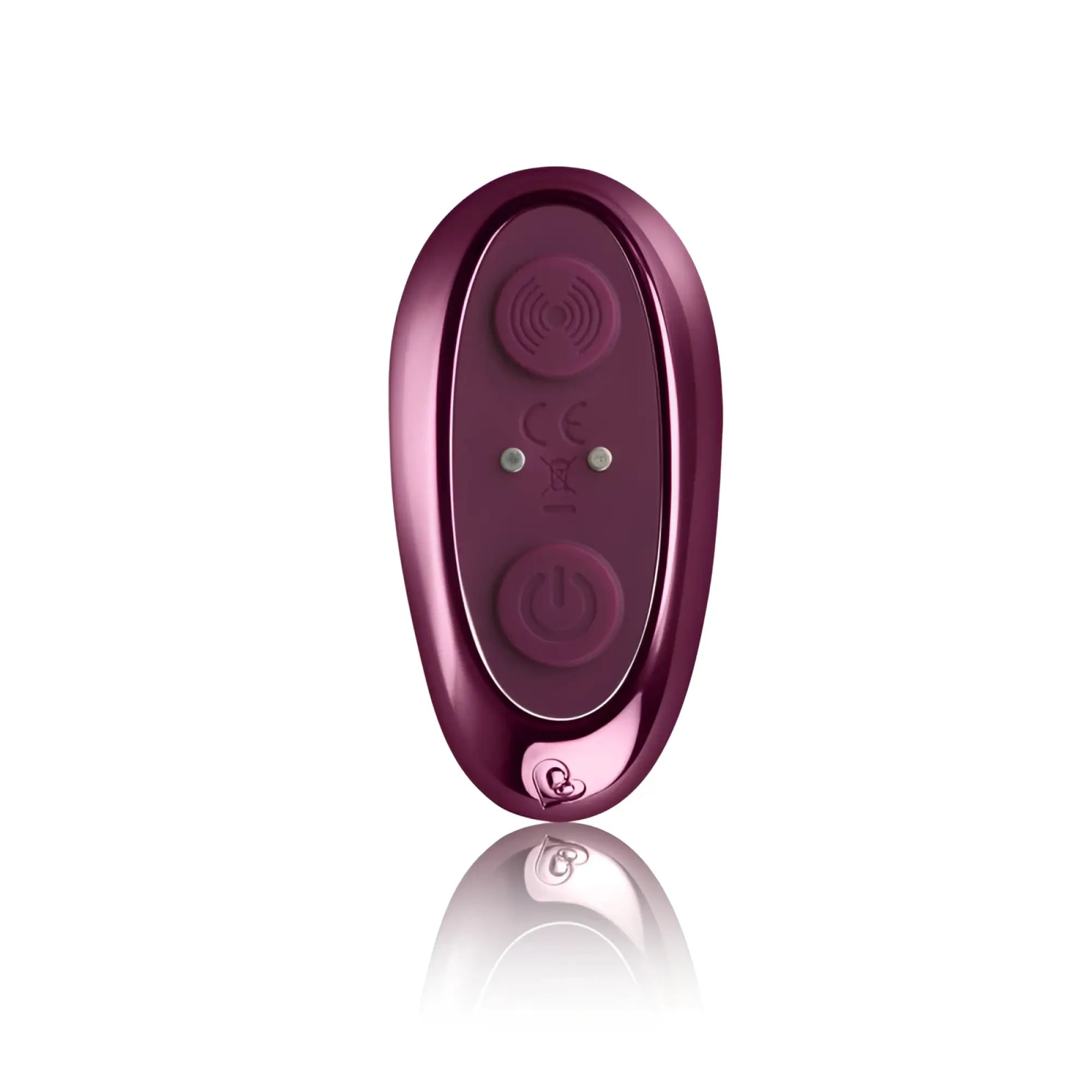 A sleek metallic purple rocks off knickerbocker glory panty vibe remote control with two circular buttons and glossy finish