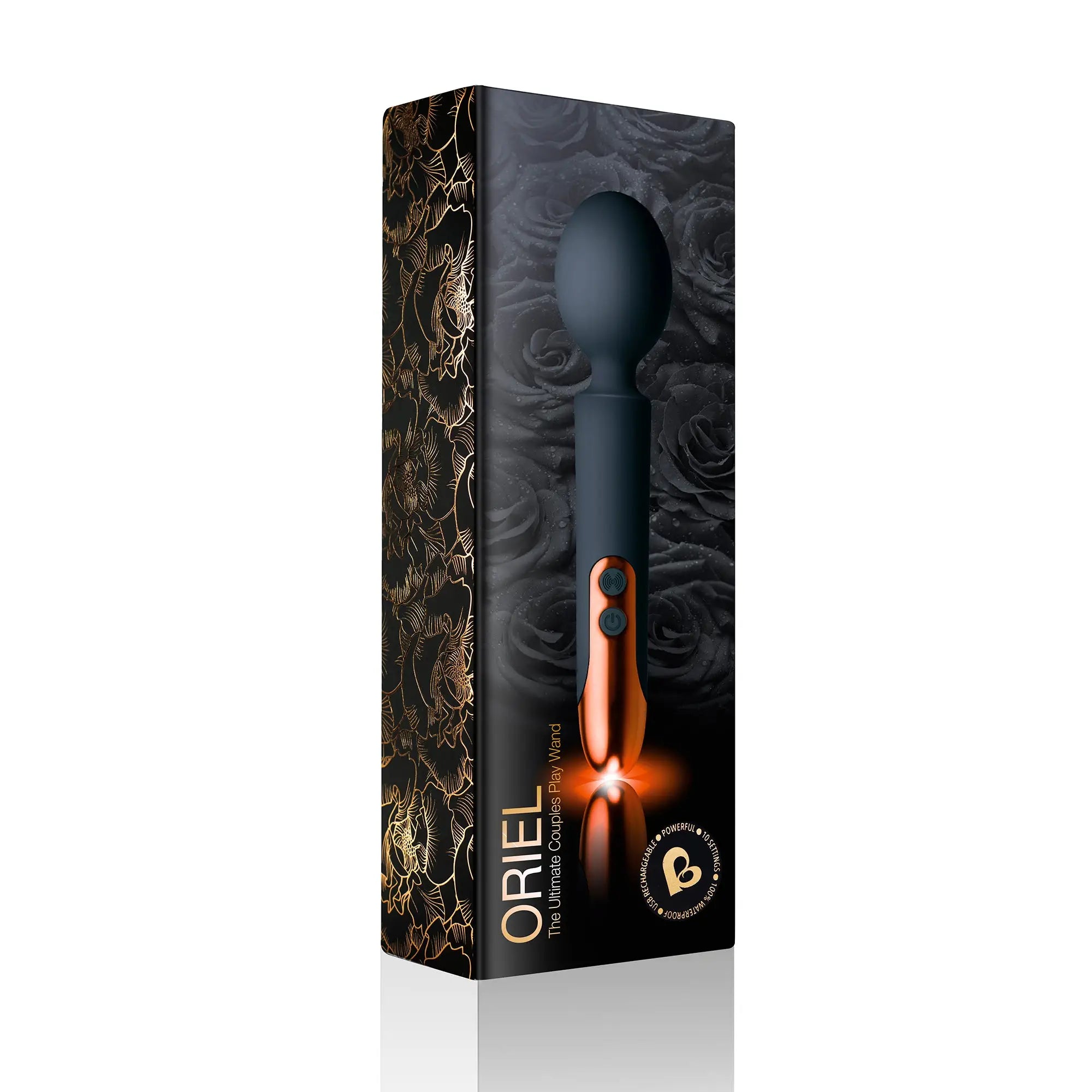 Rocks off oriel rechargeable play wand in black and copper with sleek packaging for couples use