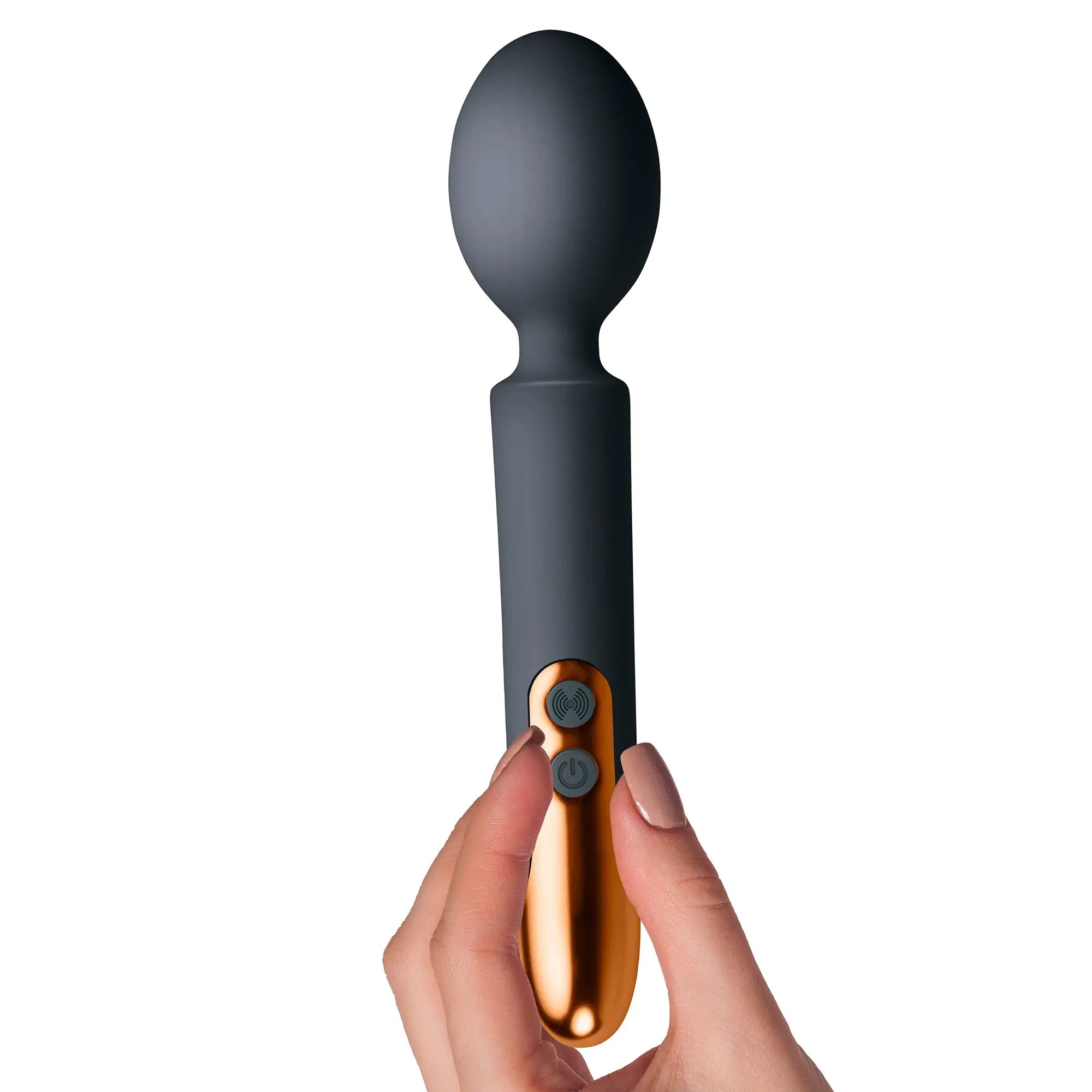 A sleek matte black and gold rechargeable vibrating wand with a smooth rounded head by Rocks Off Oriel