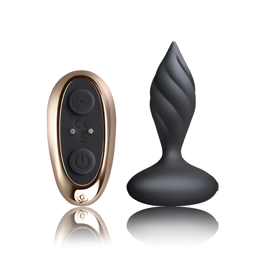 Black silicone rocks off petite sensation desire anal plug with twisted teardrop design and rose gold remote control