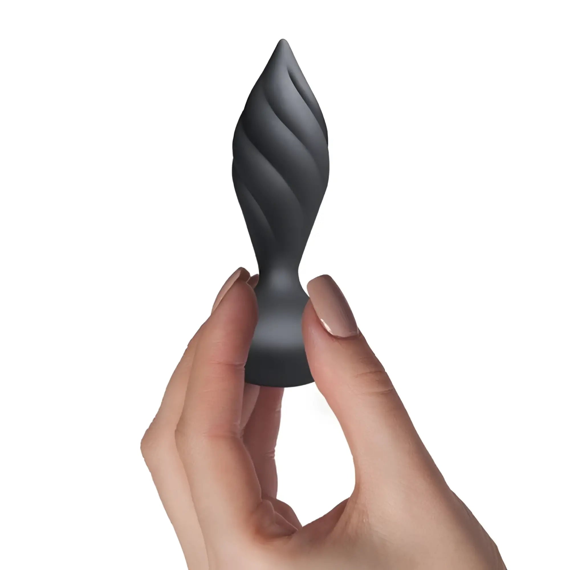 Black sleek textured silicone anal plug with twisted spiral design rocks off petite sensation desire butt plug with remote
