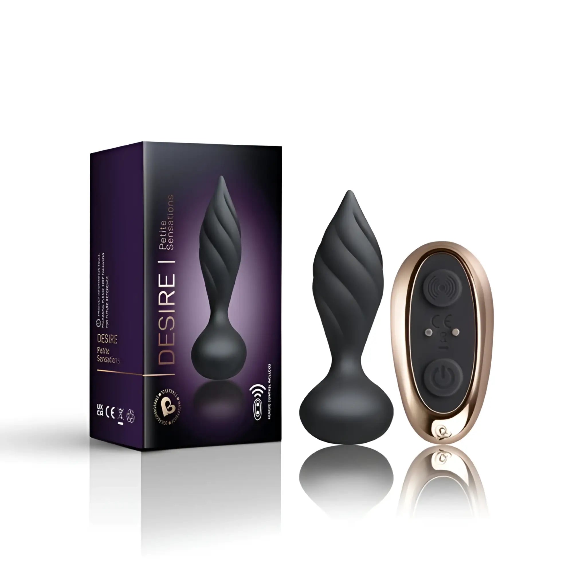 Black textured silicone anal plug with rose gold remote control rocks off petite sensation desire butt plug w remote black