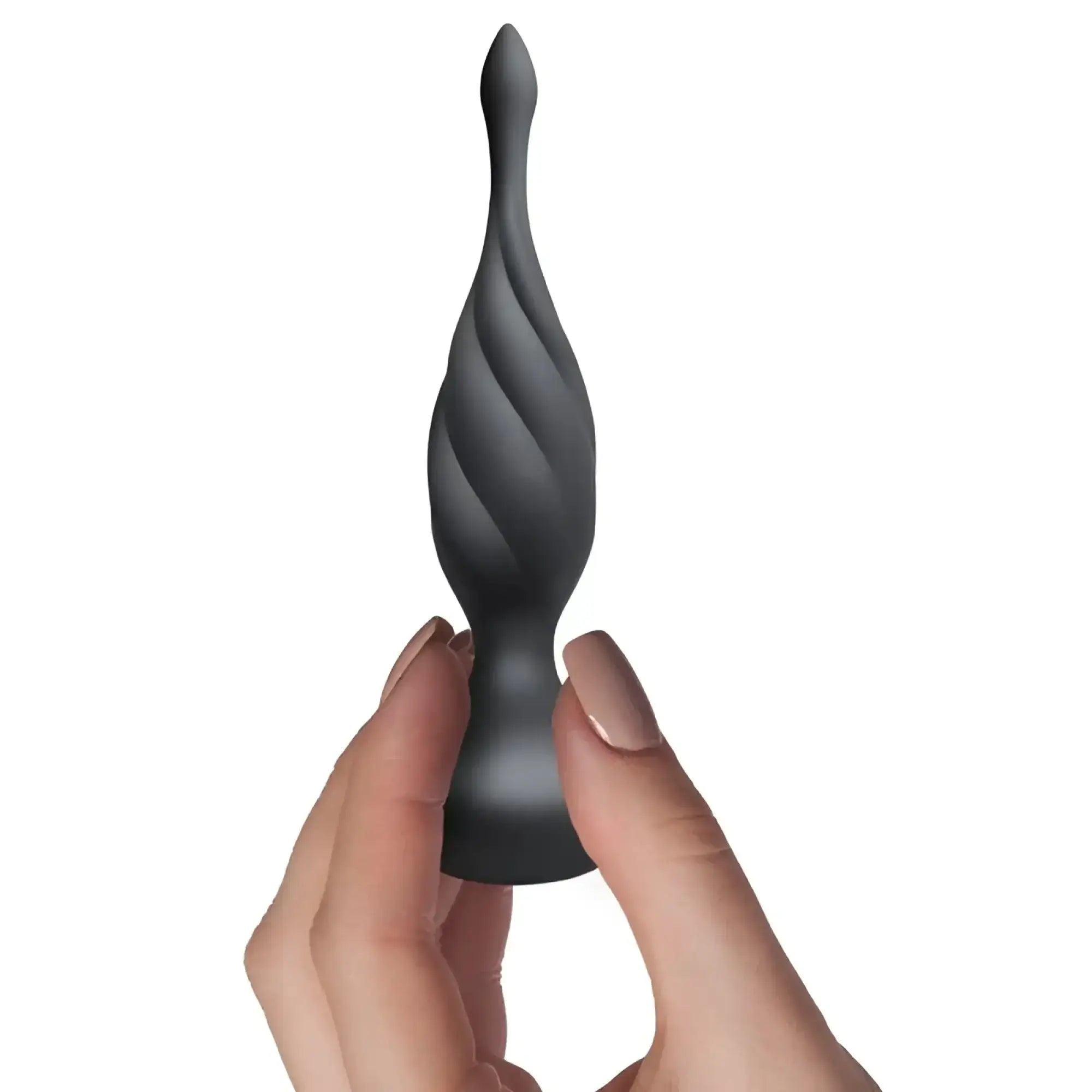 Black silicone anal plug with twisted tapered design from rocks off petite sensation discover butt plug w remote black