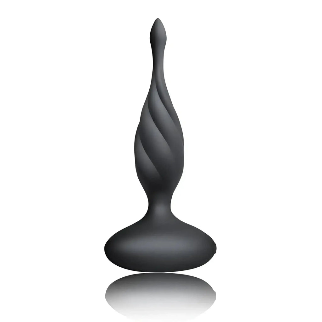 Black silicone anal plug with twisted tapered design and rounded base from rocks off petite sensation discover w remote
